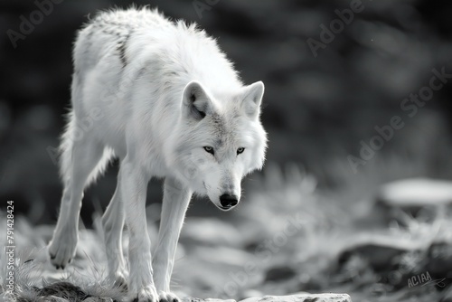 White wolf in the forest   Black and white portrait of wild animal