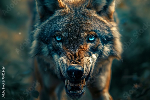 Portrait of a wolf with blue eyes in the forest, Close-up