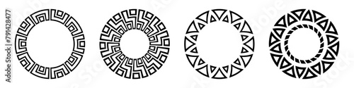 Set of four abstract circular ornaments. Round meanders set. Decorative round patterns isolated on white background. Stencil tattoo and prints. Ethnic motives. Vector monochrome illustration.