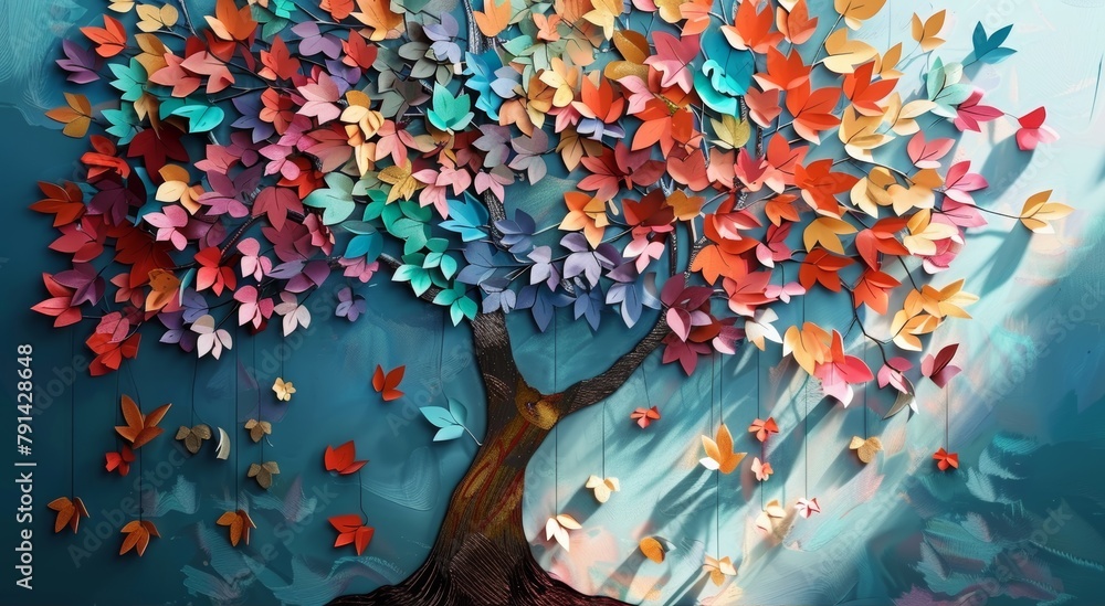 3D abstract wallpaper design that features a colorful tree with hanging branches and multicolored leaves, perfect for interior mural wall art decor, Generative AI