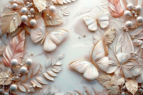 Abstract 3D mural wallpaper with butterfly, pearls, and leaf background for surface. Generative AI
