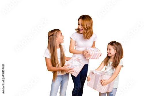 Portrait of three nice cute lovely winsome attractive cheerful positive glad people holding in hands sharing boxes great day daydream isolated over bright vivid shine yellow background
