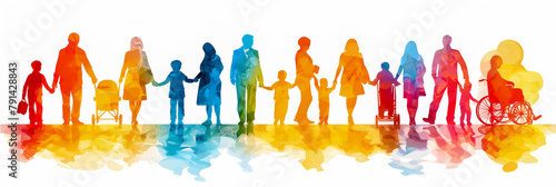 A watercolor banner depicting silhouettes of people of different ages. The concept of celebrating the day of family, care and mutual understanding of different generations