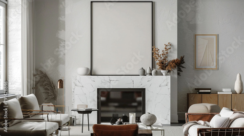 A modern living room featuring a white empty frame as a focal point, situated above a sleek marble fireplace mantel adorned with a curated collection of minimalist sculptures and decorative objects.