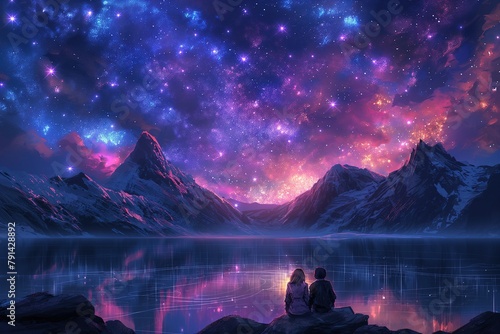 An animated virtual couple in love, set against a landscape background featuring a dark sky with stars and a colorful fractal nebula photo