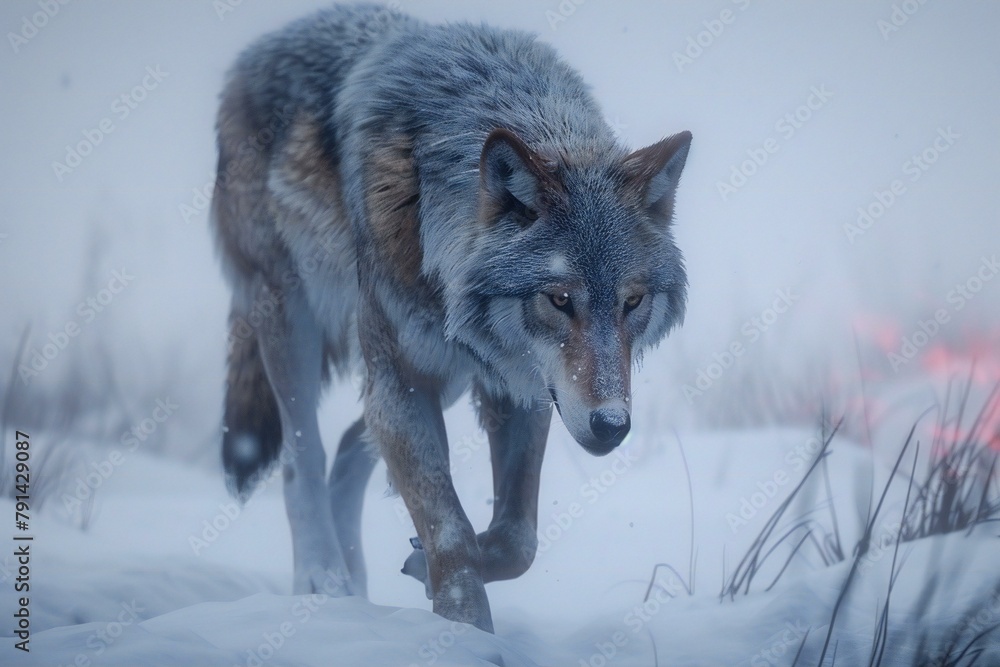A Coyote searches for prey in a snowy field in winter