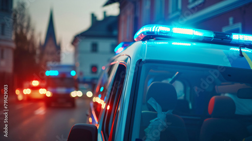 Close-up of blue light flasher on roof of ambulance ca