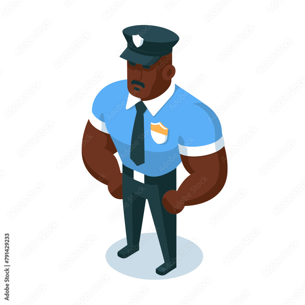 security guard Black man Isometric Minimal Cute Character, Wearing Headphones and Hold Game Controller, Cartoon Clipart Vector illustration, isolated on White background