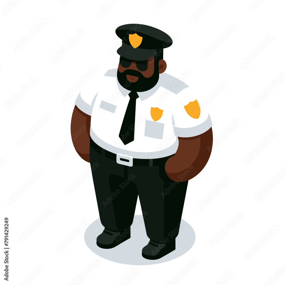 security guard Fat Black man Isometric Minimal Cute Character, Wearing Headphones and Hold Game Controller, Cartoon Clipart Vector illustration, isolated on White background
