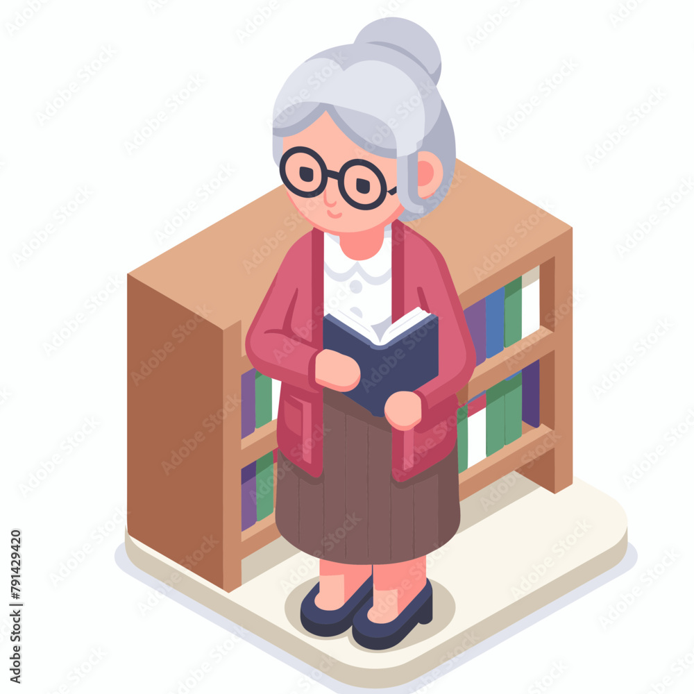 Librarian Old woman Isometric Minimal Cute Character, Wearing Headphones and Hold Game Controller, Cartoon Clipart Vector illustration, isolated on White background Librarian Old woman Isometric Minimal Cute Character, Wearing Headphones and Hold Game Controller, Cartoon Clipart Vector illustration, isolated on White background