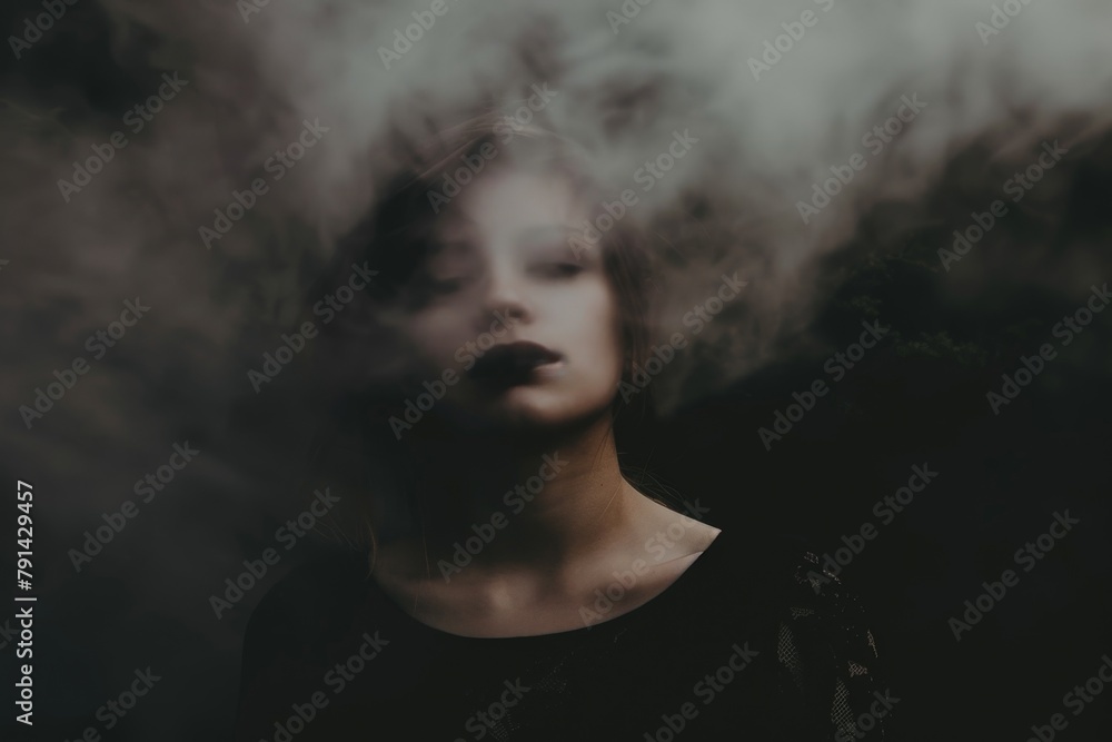 Blurry figure photo of a woman in the style of minimalist figurative foggy and smoke, Woman in smoke