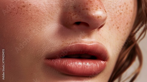 Dewy naturallooking lips with a colored balm embracing simplicity and natural beauty. . photo