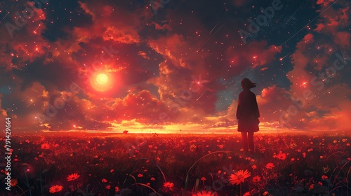 A girl stands in a field and looks at the sunset