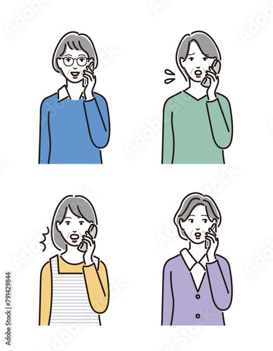 様々な表情で通話するシニア女性のセット
