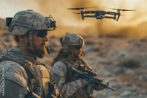 Two soldiers in the desert are flying drones equipped with cameras photo