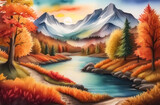 Captivating autumn landscape painting with vibrant foliage, serene river,