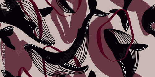 Seamless pattern with whales. Line art pattern for wallpaper, web page background, surface textures.
