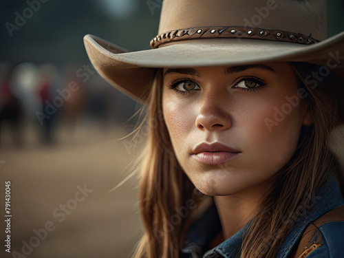 Close up Ffshion outdoor photo of beautiful sensual woman with blond hair in elegant clothes and cowboy hat. Cowgirl core trend. photo