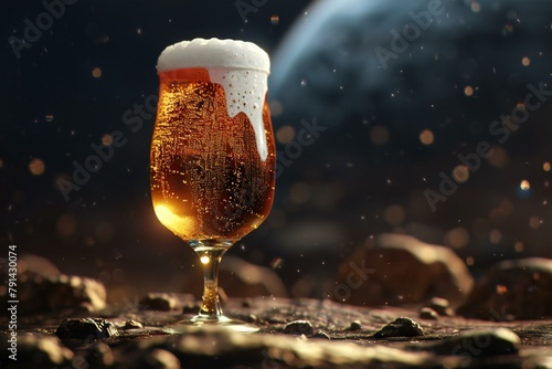 Glass of beer on a dark background with a planet in the background