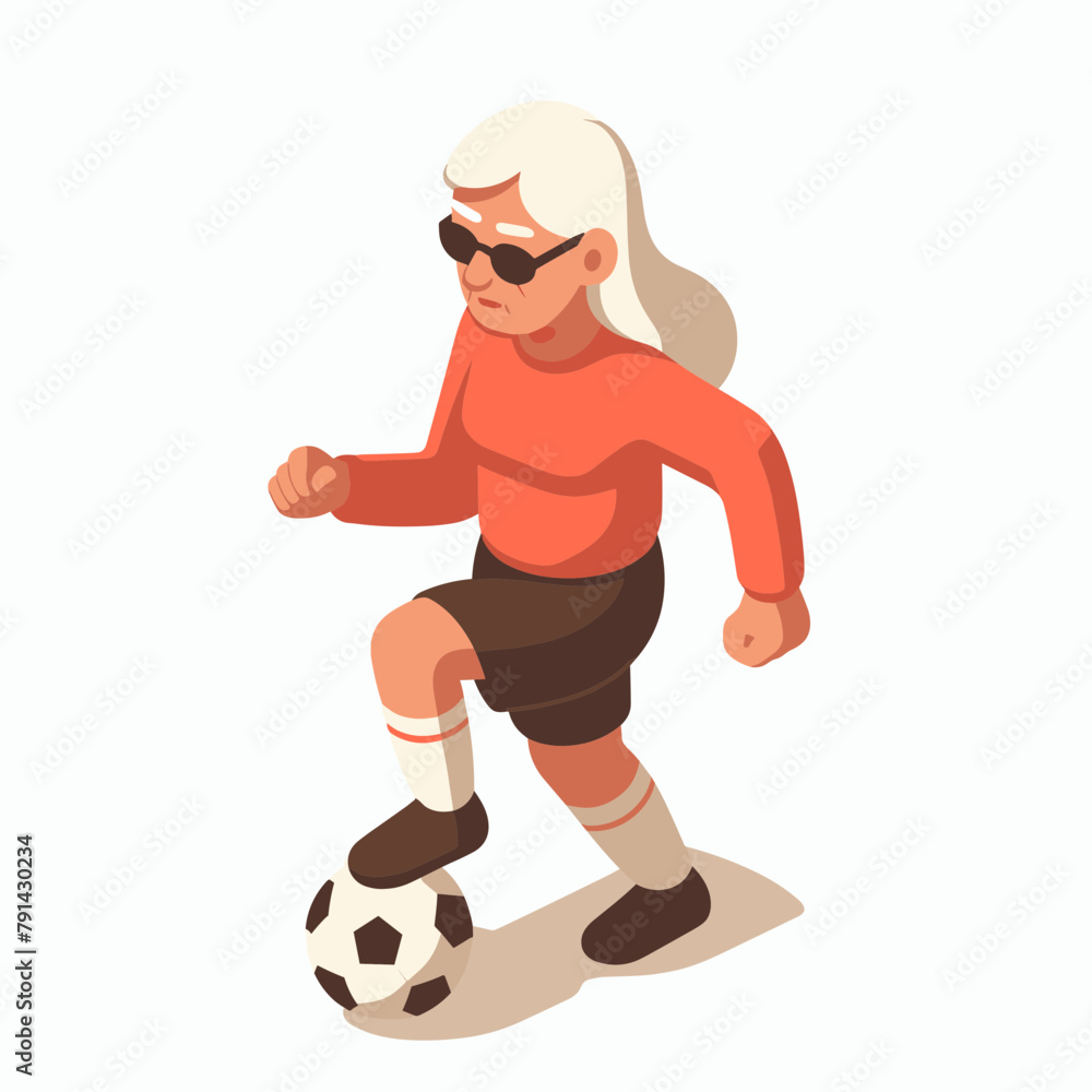 Football Player Old Woman Isometric Minimal Cute Character, Wearing Headphones and Hold Game Controller, Cartoon Clipart Vector illustration, isolated on White background