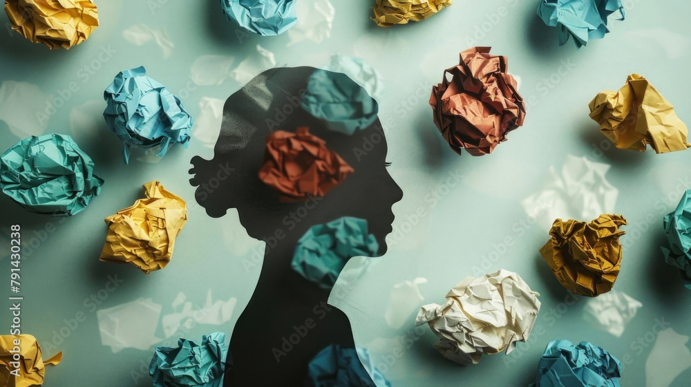 Silhouette of a head filled with crumpled paper symbolizes overthinking. AI generated Silhouette of a head filled with crumpled paper symbolizes overthinking. AI generated