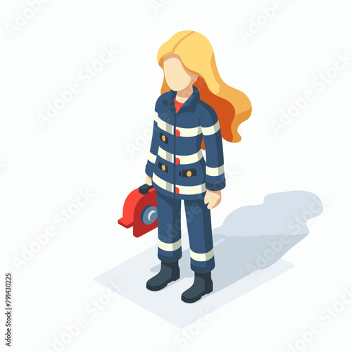 Firefighter Woman Isometric Minimal Cute Character, Wearing Headphones and Hold Game Controller, Cartoon Clipart Vector illustration, isolated on White background