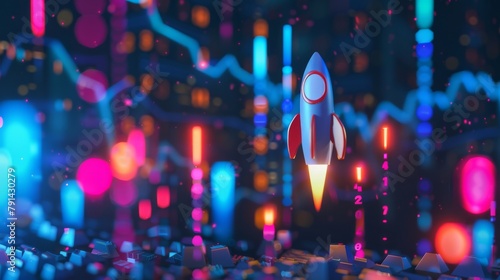  A futuristic rocket launch against a backdrop of a thriving stock market symbolizing economic prosperity and future success.