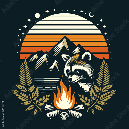 Raccoon Camping badge, Adventure and hiking outdoor activity, vintage wild mountain forest river logo design vector illustration