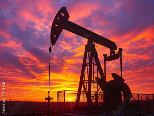 An oil pump jack silhouetted against a vibrant sunset sky, symbolizing energy production.