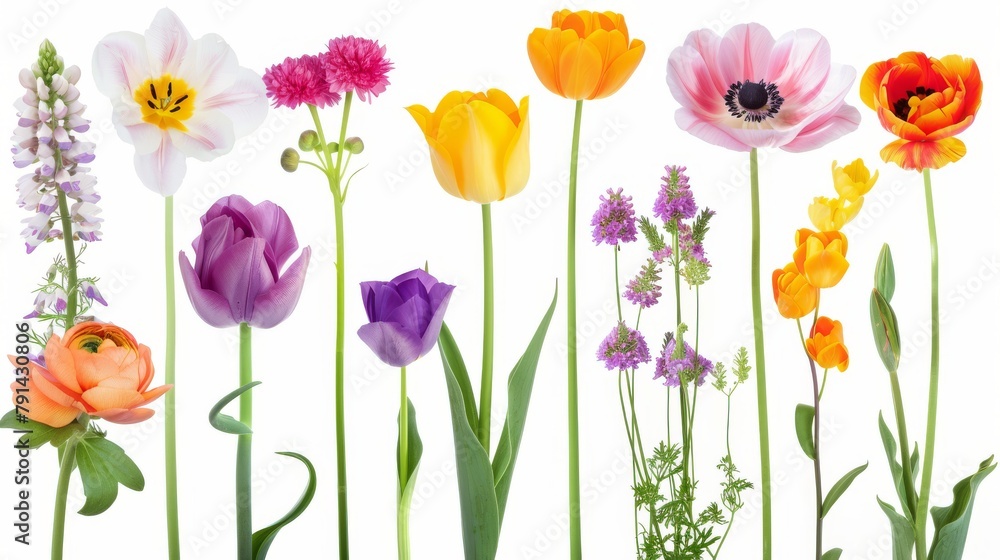Fototapeta premium A Vibrant Collection Of Various Colorful Meadow Flowers Arranged on a White Background. Presenting unique shapes and colors, meticulously arranged to highlight their natural beauty.
