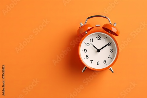alarm clock on orange background Minimalistic flat lay,with copy space for photo text or product, blank empty copyspace banner about time management and selfamplement concept. 