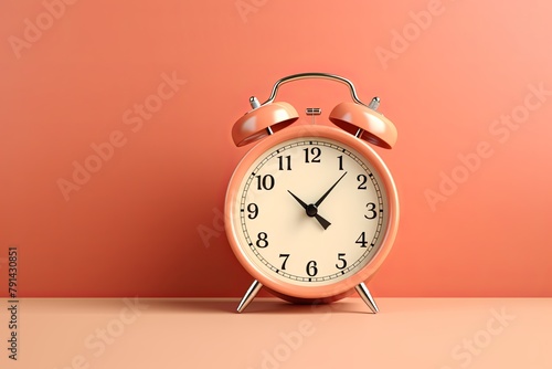 alarm clock on orange background Minimalistic flat lay,with copy space for photo text or product, blank empty copyspace banner about time management and selfamplement concept. 