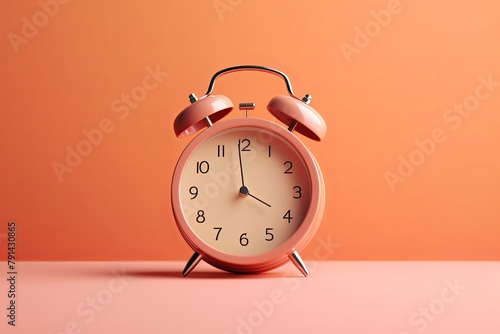 alarm clock on orange background Minimalistic flat lay,with copy space for photo text or product, blank empty copyspace banner about time management and selfamplement concept. 