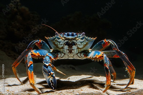 Blue crab in the sea on a background of the dark water