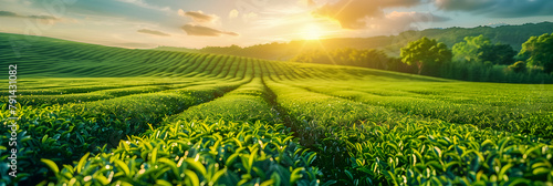 A beautiful panoramic shot of a large tea plantation under the morning sun in India. Freshness and environmental friendliness of tea harvest cultivation