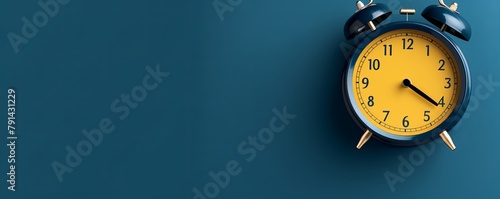 alarm clock on blue background Minimalistic flat lay,with copy space for photo text or product, blank empty copyspace banner about time management and selfamplement concept. 