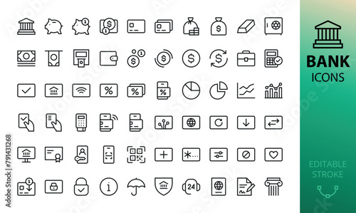 Bank isolated icons set. Set of bank building, mobile banking, piggy bank, savings, atm, safe, finance, credit card, payment, corporate account, money exchange vector icon