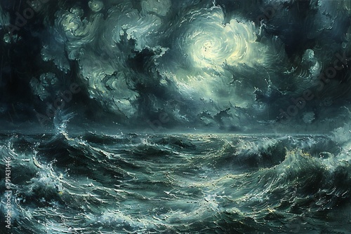 Fantasy sea with stormy waves,  digitally rendered illustration photo