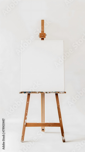 A well-used artist's easel with a clean white canvas, ready for painting in a studio setting. 