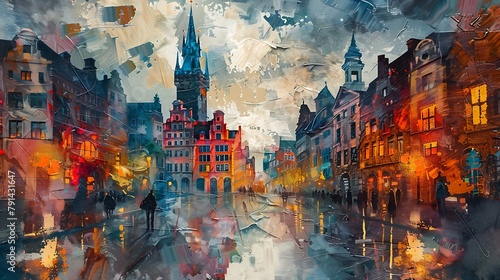 A painting of a city street with a tall building in the background
