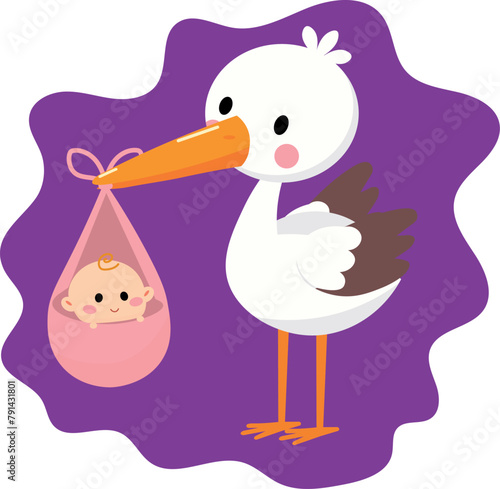 cute stork with a baby in its bag