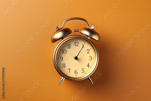 alarm clock on gold background Minimalistic flat lay,with copy space for photo text or product, blank empty copyspace banner about time management and selfamplement concept. 