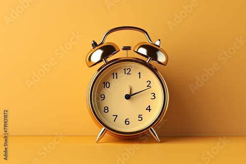 alarm clock on gold background Minimalistic flat lay,with copy space for photo text or product, blank empty copyspace banner about time management and selfamplement concept. 