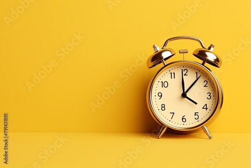 alarm clock on gold background Minimalistic flat lay,with copy space for photo text or product, blank empty copyspace banner about time management and selfamplement concept. 