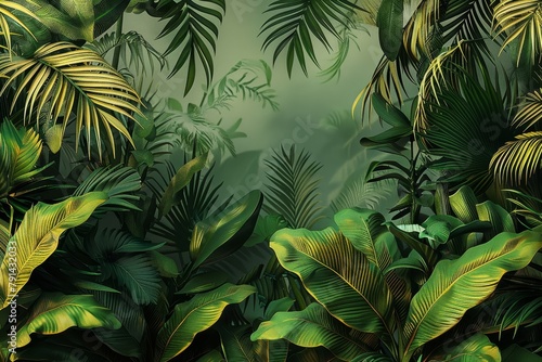 3d wallpapaper. Tropical forest  wild jungle. Closeup nature view of green leaf and palms background. Flat lay  dark nature concept  tropical leaf  Generative AI