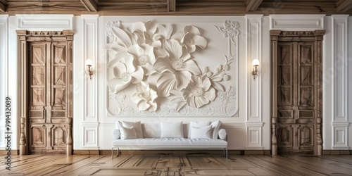 High quality interior design with decorative mural wallpaper and carved wooden panels, Generative AI photo