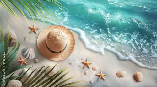 Beach with golden sand and blue sea with hat, starfish and seashells photo