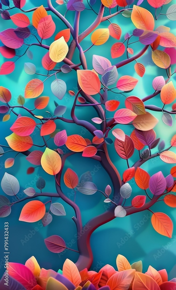 Colorful tree with leaves on hanging branches of turquoise illustration background. 3d abstraction wallpaper for interior mural wall art decor. floral, Generative AI