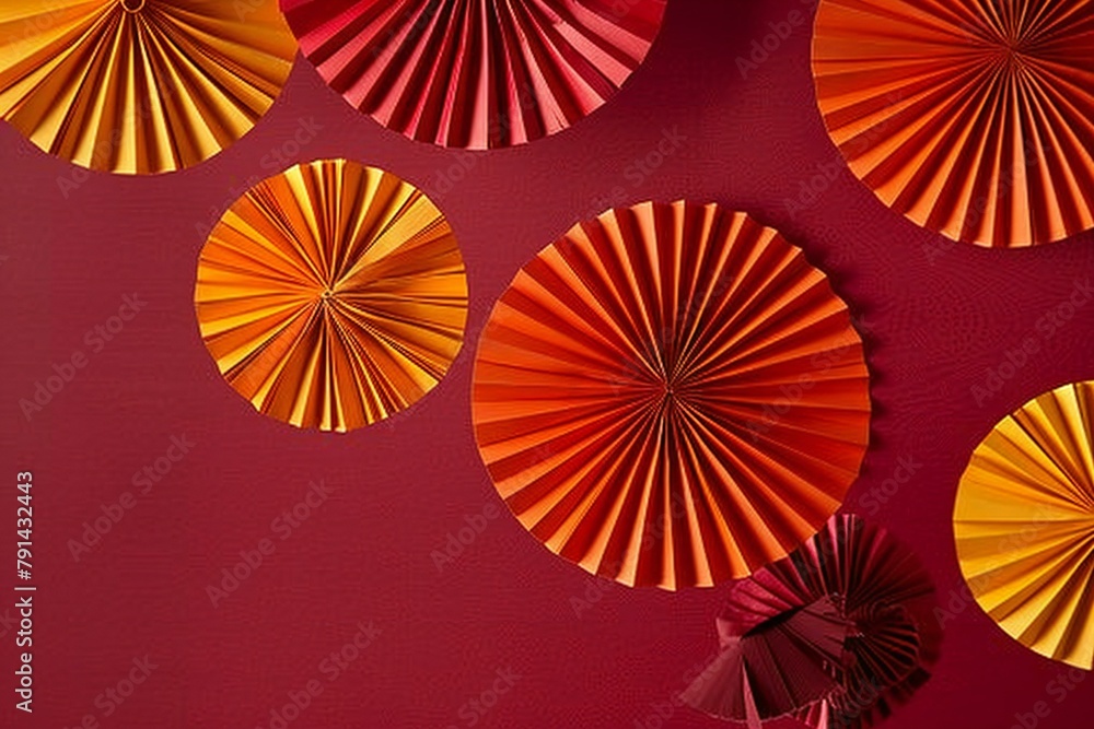 Paper fans on a red background,  Festive background with space for text