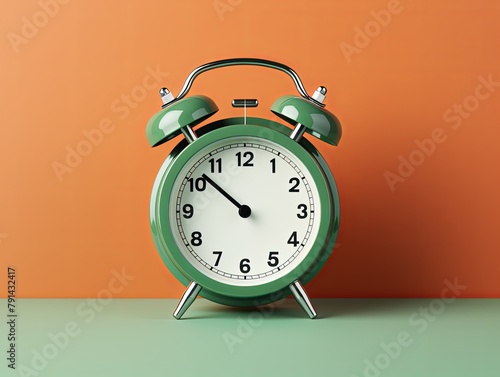 alarm clock on green background Minimalistic flat lay,with copy space for photo text or product, blank empty copyspace banner about time management and selfamplement concept. 